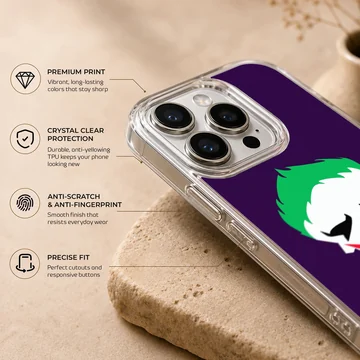 Jester skull cartoon art with green hair and red grin on a purple background phone case — Info