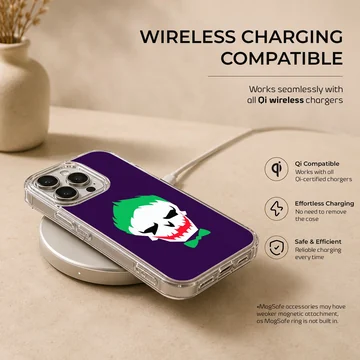 Jester skull cartoon art with green hair and red grin on a purple background phone case — Charging