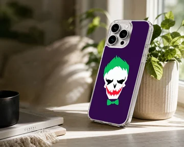 Jester skull cartoon art with green hair and red grin on a purple background phone case — Lifestyle