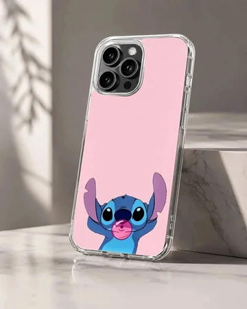 Blue cartoon alien chewing pink bubblegum on a solid pink background phone case