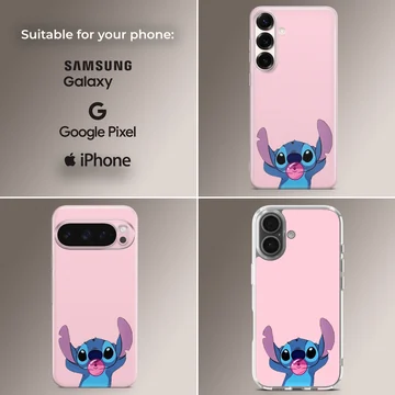Blue cartoon alien chewing pink bubblegum on a solid pink background phone case — Collage