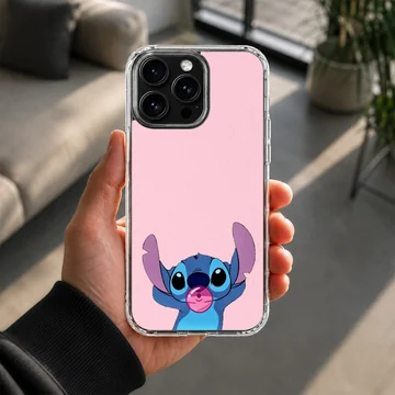 Blue cartoon alien chewing pink bubblegum on a solid pink background phone case — Lifestyle