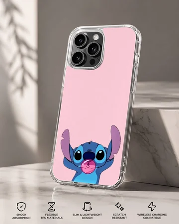 Blue cartoon alien chewing pink bubblegum on a solid pink background phone case — Specs