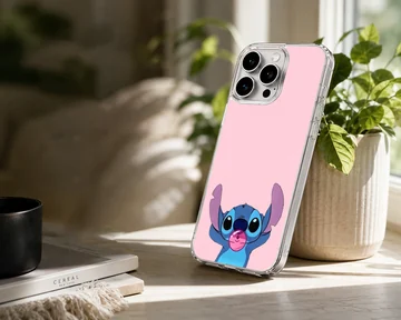 Blue cartoon alien chewing pink bubblegum on a solid pink background phone case — Lifestyle