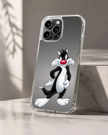 Classic black and white cartoon cat with a red nose in a confident pose on a phone case
