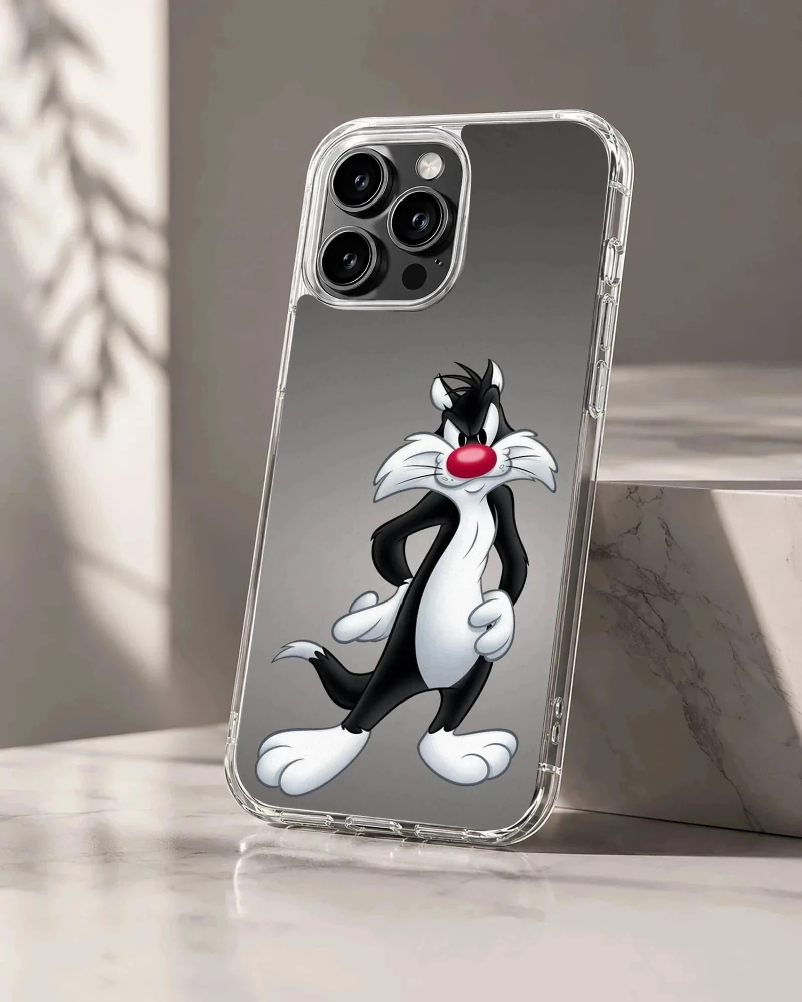 Classic black and white cartoon cat with a red nose in a confident pose on a phone case