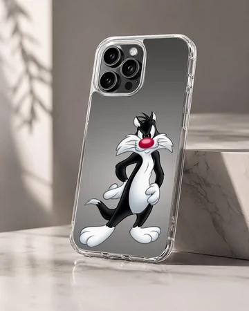 Classic black and white cartoon cat with a red nose in a confident pose on a phone case — Hero