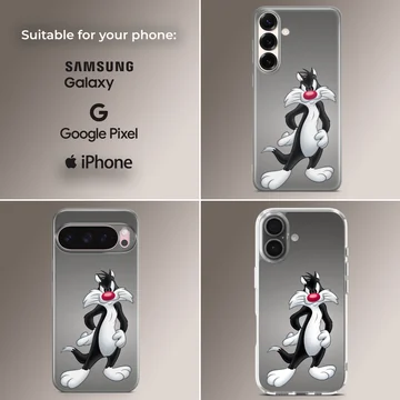 Classic black and white cartoon cat with a red nose in a confident pose on a phone case — Collage