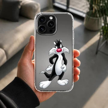 Classic black and white cartoon cat with a red nose in a confident pose on a phone case — Lifestyle