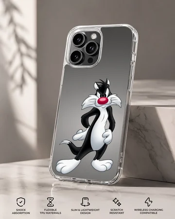 Classic black and white cartoon cat with a red nose in a confident pose on a phone case — Specs