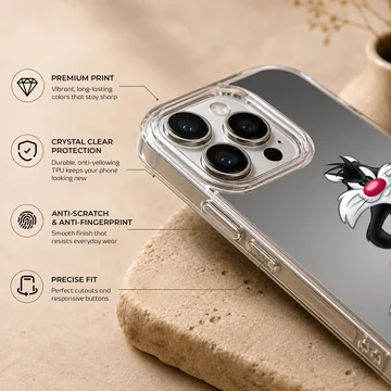 Classic black and white cartoon cat with a red nose in a confident pose on a phone case — Info