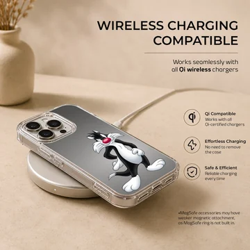 Classic black and white cartoon cat with a red nose in a confident pose on a phone case — Charging
