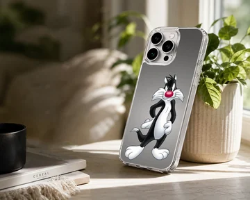 Classic black and white cartoon cat with a red nose in a confident pose on a phone case — Lifestyle