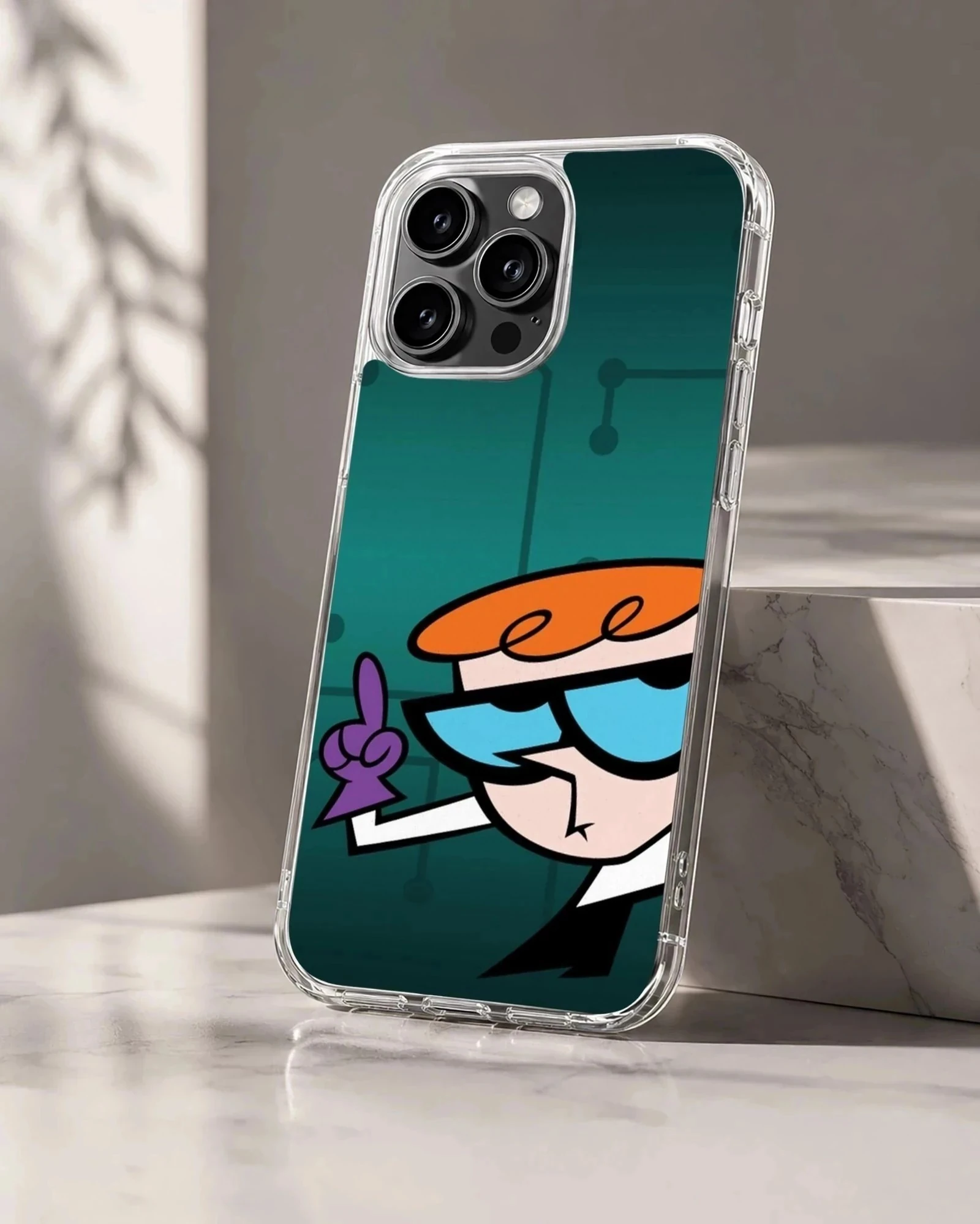 Cartoon character with orange hair and blue glasses pointing upward against a dark teal background phone case