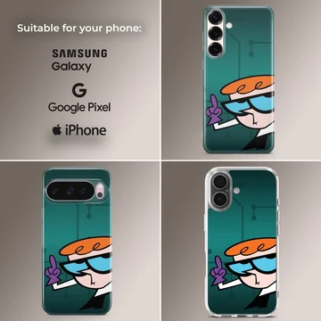 Cartoon character with orange hair and blue glasses pointing upward against a dark teal background phone case — Collage