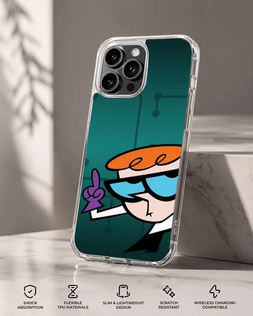 Cartoon character with orange hair and blue glasses pointing upward against a dark teal background phone case — Specs