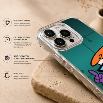 Cartoon character with orange hair and blue glasses pointing upward against a dark teal background phone case — Info