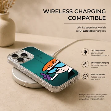 Cartoon character with orange hair and blue glasses pointing upward against a dark teal background phone case — Charging