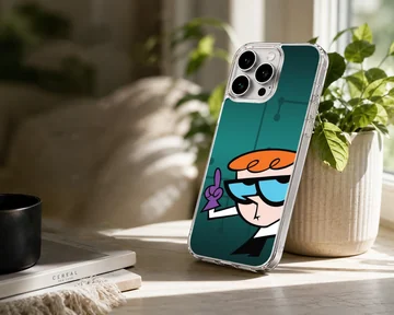 Cartoon character with orange hair and blue glasses pointing upward against a dark teal background phone case — Lifestyle