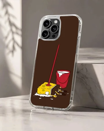 Exhausted cartoon yellow sponge with a red mop and bucket on a dark background phone case
