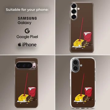 Exhausted cartoon yellow sponge with a red mop and bucket on a dark background phone case — Collage