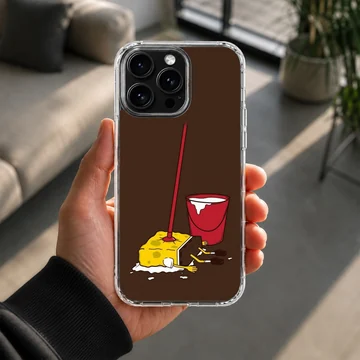 Exhausted cartoon yellow sponge with a red mop and bucket on a dark background phone case — Lifestyle