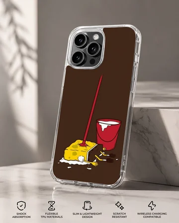 Exhausted cartoon yellow sponge with a red mop and bucket on a dark background phone case — Specs