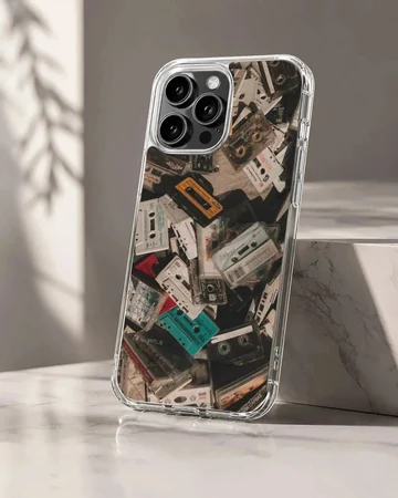 A collage print of vintage audio cassette tapes in various colors on a phone case