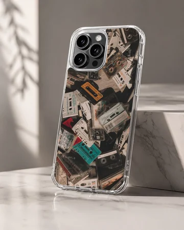 A collage print of vintage audio cassette tapes in various colors on a phone case — Hero