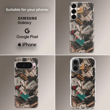 A collage print of vintage audio cassette tapes in various colors on a phone case — Collage