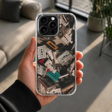 A collage print of vintage audio cassette tapes in various colors on a phone case — Lifestyle