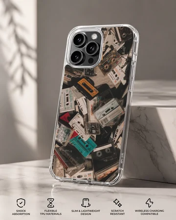 A collage print of vintage audio cassette tapes in various colors on a phone case — Specs