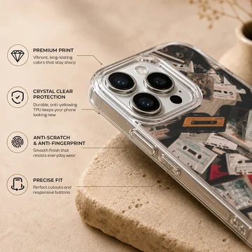 A collage print of vintage audio cassette tapes in various colors on a phone case — Info