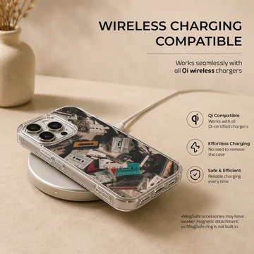 A collage print of vintage audio cassette tapes in various colors on a phone case — Charging