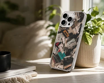 A collage print of vintage audio cassette tapes in various colors on a phone case — Lifestyle