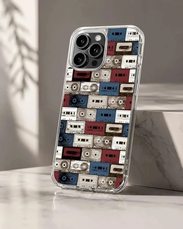 A patterned phone case featuring a collage of vintage cassette tapes in red, white, and blue hues.