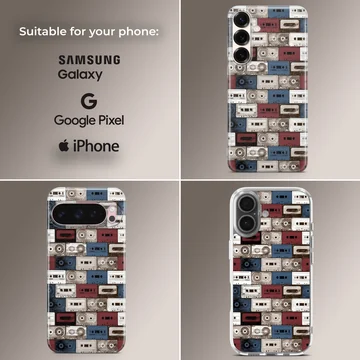 A patterned phone case featuring a collage of vintage cassette tapes in red, white, and blue hues. — Collage