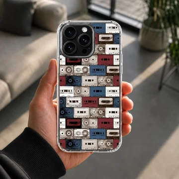 A patterned phone case featuring a collage of vintage cassette tapes in red, white, and blue hues. — Lifestyle