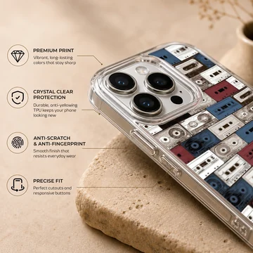 A patterned phone case featuring a collage of vintage cassette tapes in red, white, and blue hues. — Info