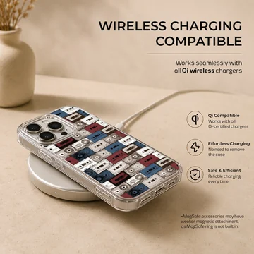A patterned phone case featuring a collage of vintage cassette tapes in red, white, and blue hues. — Charging