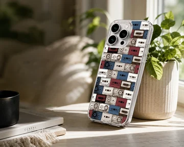 A patterned phone case featuring a collage of vintage cassette tapes in red, white, and blue hues. — Lifestyle