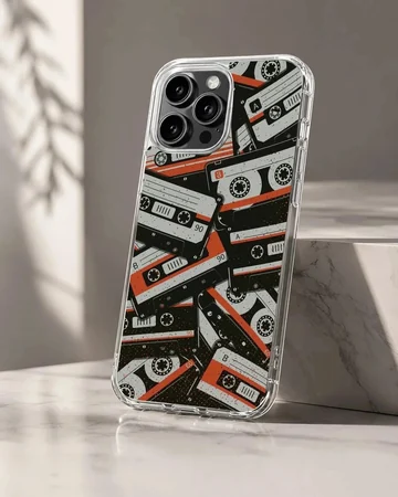 A collage of vintage cassette tapes in black, white, and red on a phone case
