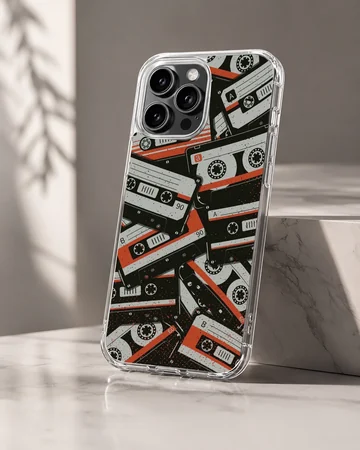 A collage of vintage cassette tapes in black, white, and red on a phone case — Hero