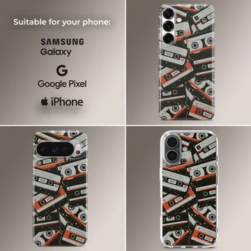 A collage of vintage cassette tapes in black, white, and red on a phone case — Collage