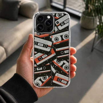 A collage of vintage cassette tapes in black, white, and red on a phone case — Lifestyle