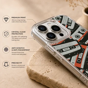 A collage of vintage cassette tapes in black, white, and red on a phone case — Info