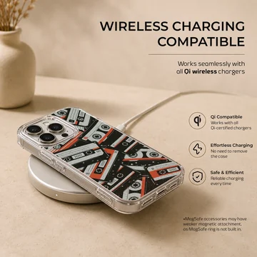 A collage of vintage cassette tapes in black, white, and red on a phone case — Charging