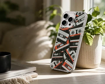 A collage of vintage cassette tapes in black, white, and red on a phone case — Lifestyle