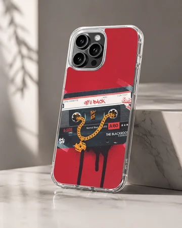 Retro cassette tape graphic with a gold chain on a red background phone case — Hero