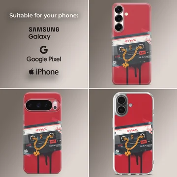 Retro cassette tape graphic with a gold chain on a red background phone case — Collage